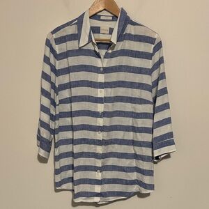 Chico's Blue and White Horizontal Stripe Button-Down Linen Shirt